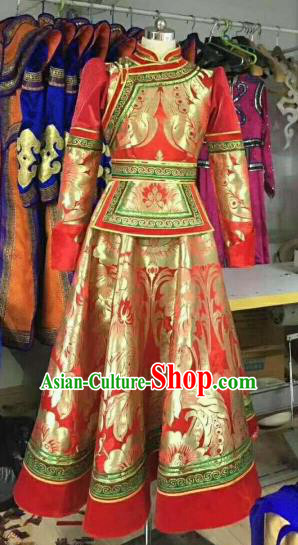 Traditional Chinese Mongol Nationality Wedding Red Dress Mongolian Ethnic Dance Stage Show Costume for Women