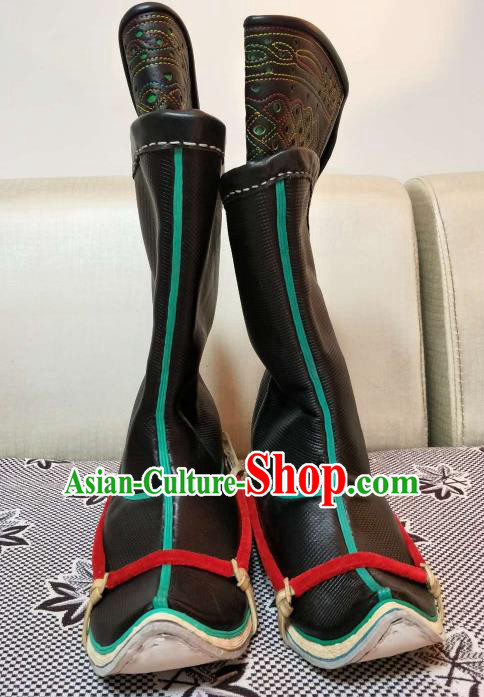 Chinese Traditional Mongol Nationality Black Boots Mongolian Ethnic Leather Riding Boots for Men