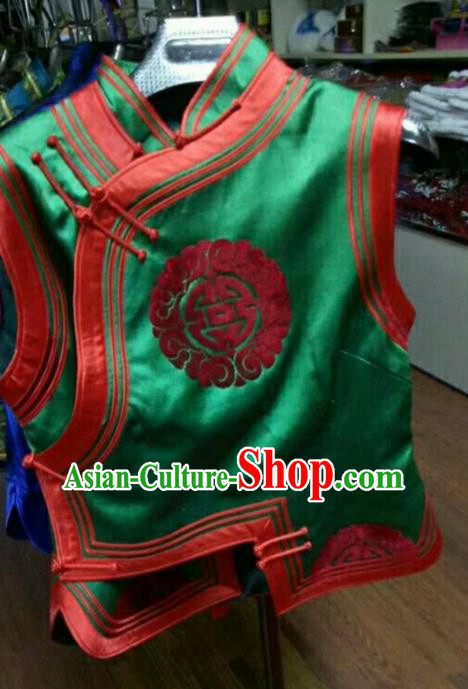 Traditional Chinese Mongol Nationality Green Brocade Vest Mongolian Ethnic Stage Show Costume for Women