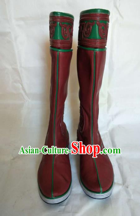 Chinese Traditional Mongol Nationality Red Boots Mongolian Ethnic Leather Riding Boots for Men