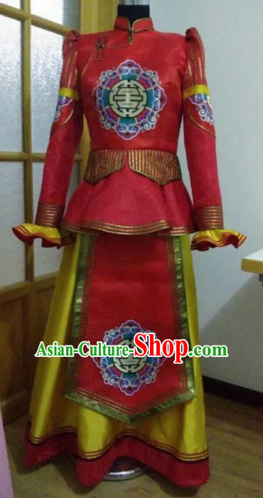 Traditional Chinese Mongol Nationality Red Brocade Dress Mongolian Ethnic Wedding Stage Show Costume for Women