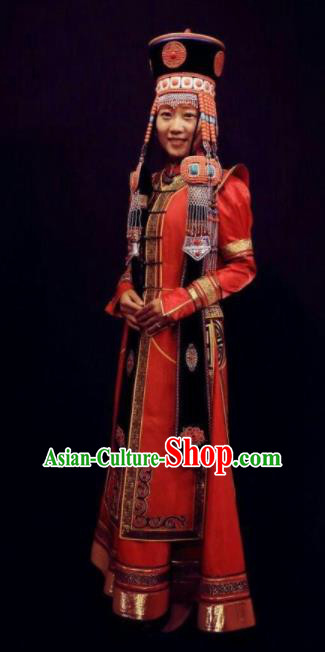 Traditional Chinese Mongol Nationality Bride Red Brocade Dress Mongolian Ethnic Wedding Stage Show Costume for Women