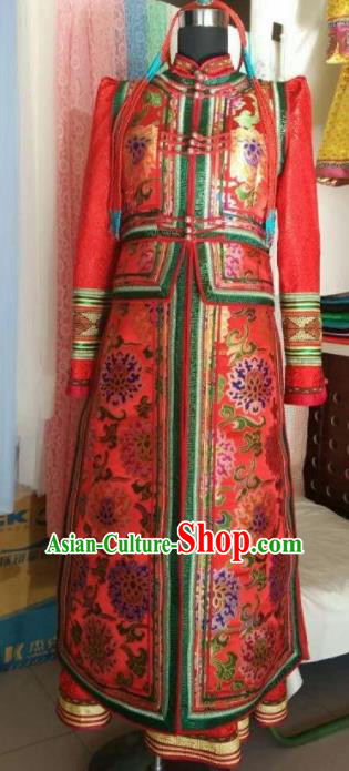 Traditional Chinese Mongol Nationality Wedding Red Dress Mongolian Ethnic Dance Stage Show Costume for Women