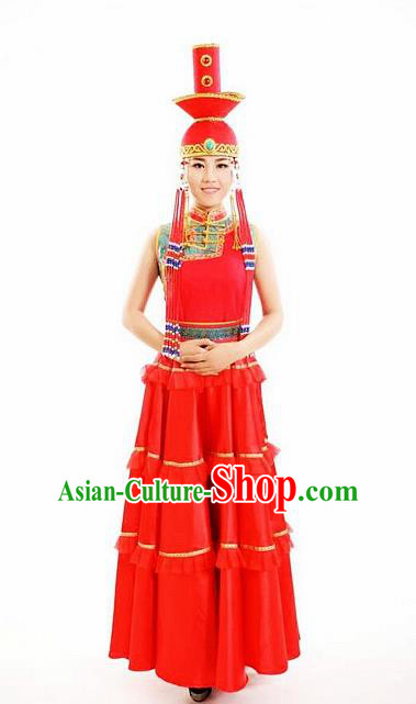 Traditional Chinese Mongol Nationality Wedding Red Dress Mongolian Ethnic Dance Costume and Hat for Women