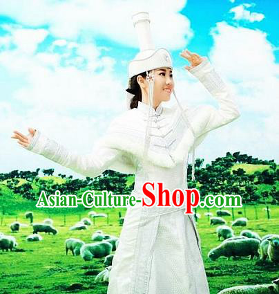 Traditional Chinese Mongol Nationality Wedding White Dress Mongolian Ethnic Dance Costume and Hat for Women