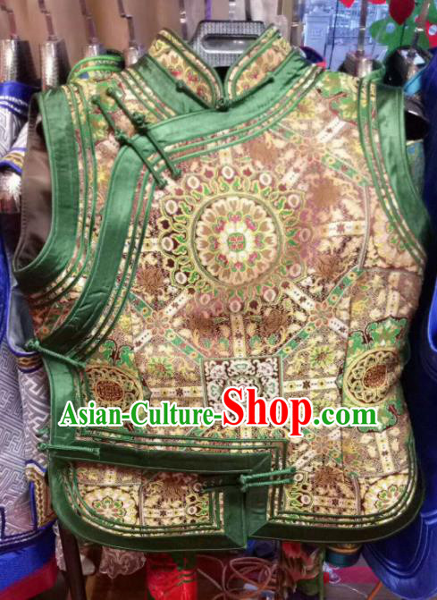 Traditional Chinese Mongol Nationality Deep Green Brocade Vest Mongolian Ethnic Stage Show Costume for Women