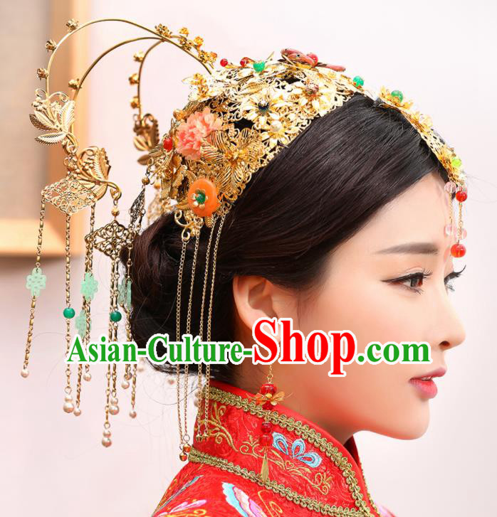 Chinese Traditional Wedding Golden Phoenix Coronet Tassel Hairpins Ancient Bride Hair Accessories for Women
