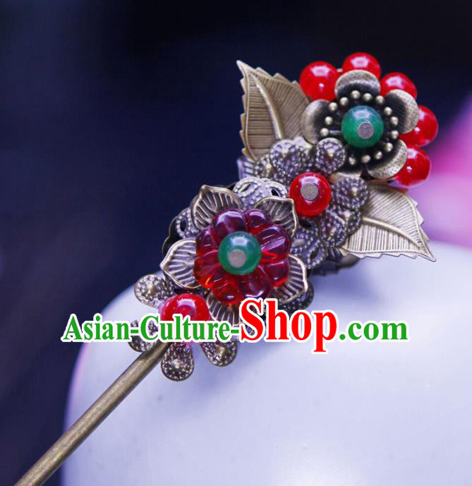 Chinese Traditional Wedding Red Flower Hairpins Ancient Bride Hair Accessories for Women