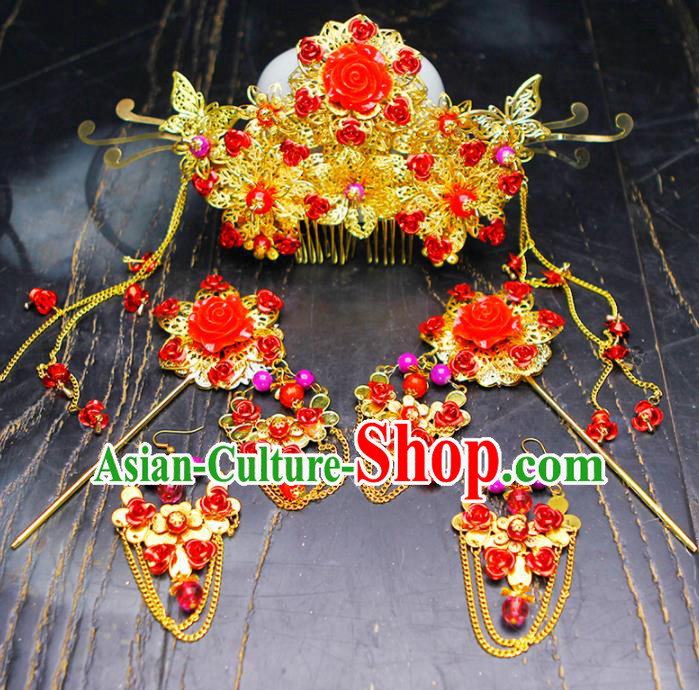 Chinese Traditional Wedding Red Roses Hair Comb Hairpins Ancient Bride Hair Accessories for Women