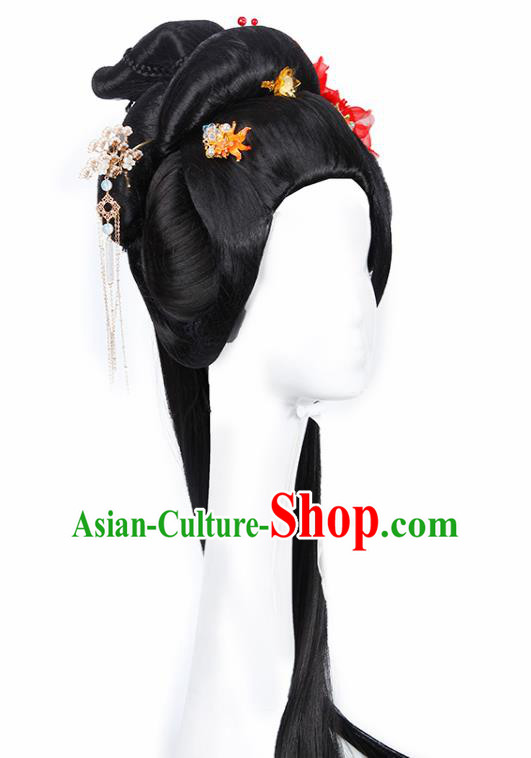 Chinese Traditional Tang Dynasty Imperial Consort Wigs and Hairpins Ancient Peri Princess Hair Accessories for Women