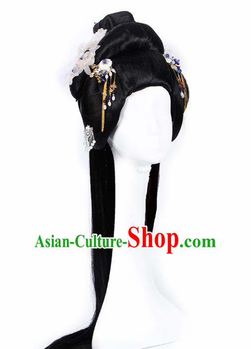 Chinese Traditional Tang Dynasty Court Lady Wigs and White Flower Hairpins Ancient Peri Princess Hair Accessories for Women