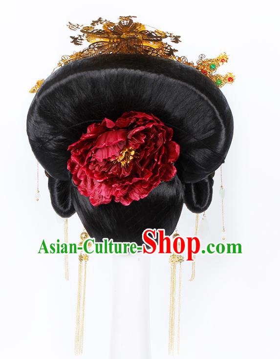 Chinese Traditional Tang Dynasty Queen Wigs and Hairpins Ancient Imperial Consort Hair Accessories for Women