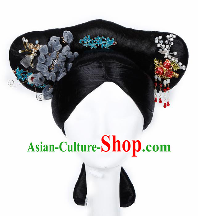 Chinese Traditional Qing Dynasty Imperial Concubine Wigs and Hairpins Ancient Imperial Consort Hair Accessories for Women