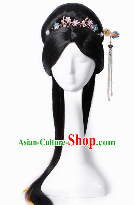 Chinese Traditional Tang Dynasty Court Princess Wigs and Hairpins Ancient Imperial Concubine Hair Accessories for Women