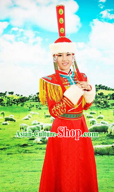 Traditional Chinese Mongol Nationality Red Dress and Hat Mongolian Ethnic Dance Costume for Women