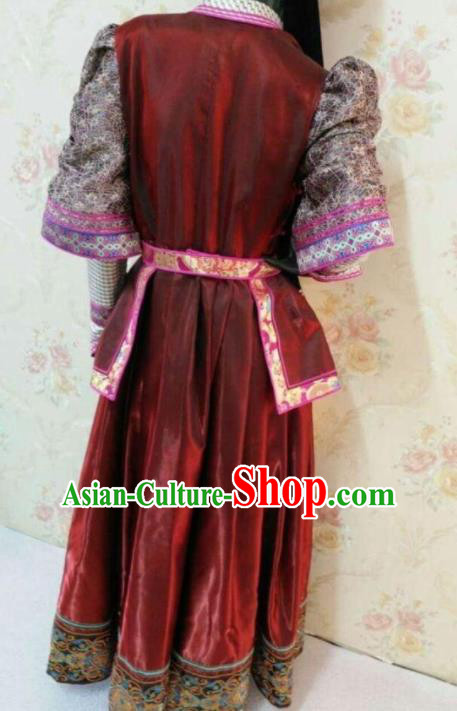 Traditional Chinese Mongol Nationality Stage Show Wine Red Dress Mongolian Ethnic Dance Costume for Women