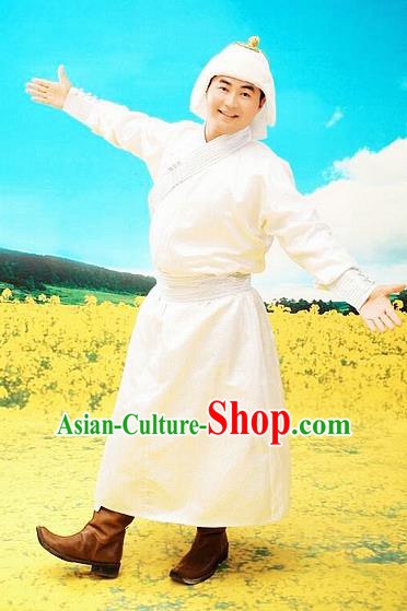 Chinese Traditional Mongol Nationality Costumes Mongolian Ethnic White Robe for Men