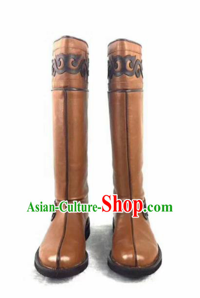 Chinese Traditional Mongol Nationality Khaki Leather Boots Mongolian Ethnic Riding Boots for Men