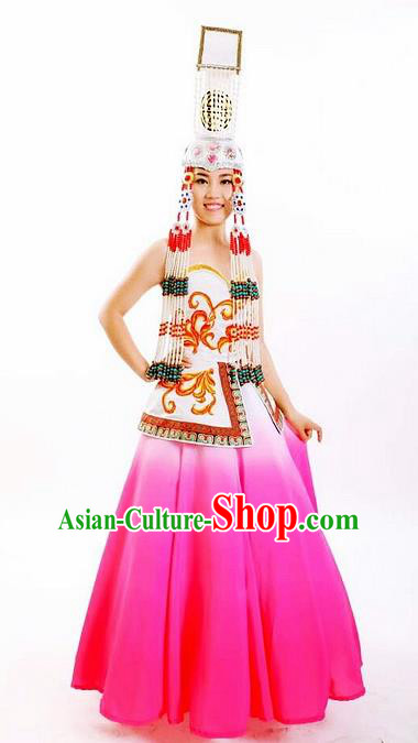 Traditional Chinese Mongol Nationality Stage Show Rosy Dress and Hat Mongolian Ethnic Dance Costume for Women