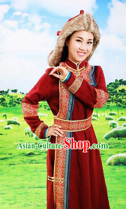 Traditional Chinese Mongol Nationality Stage Show Red Dress and Hat Mongolian Ethnic Dance Costume for Women