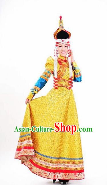 Traditional Chinese Mongol Nationality Wedding Yellow Dress and Hat Mongolian Ethnic Dance Costume for Women