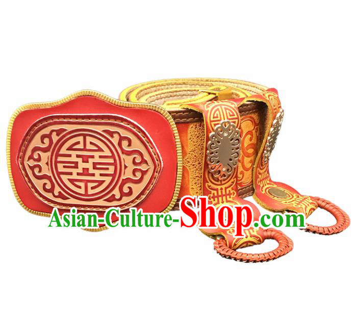 Traditional Chinese Mongol Nationality Red Leather Belt Mongolian Ethnic Waistband for Men