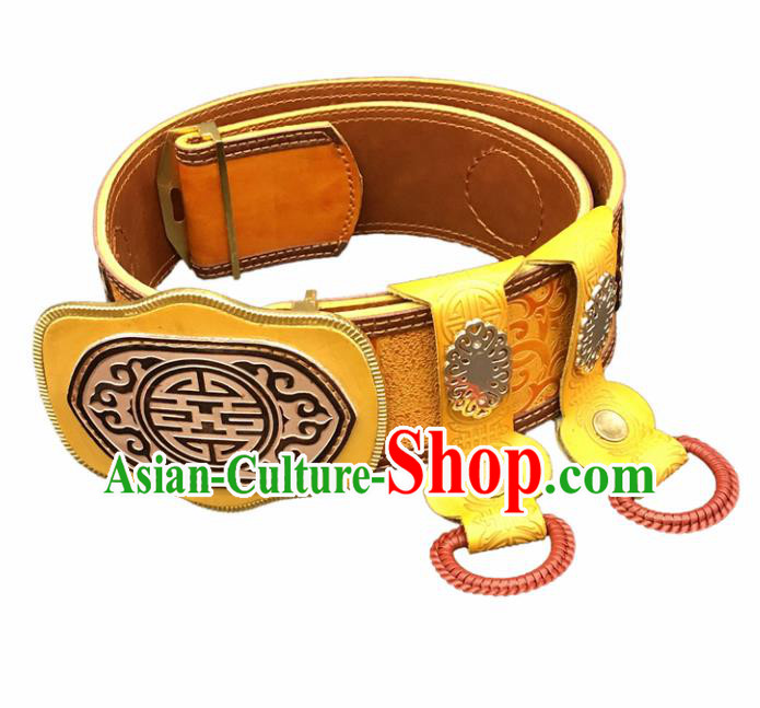 Traditional Chinese Mongol Nationality Yellow Leather Belt Mongolian Ethnic Waistband for Men