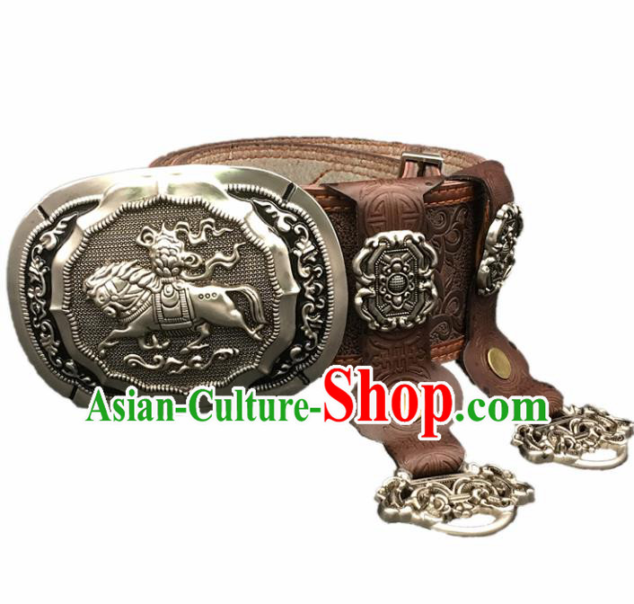 Traditional Chinese Mongol Nationality Coffee Leather Belt Mongolian Ethnic Waistband for Men