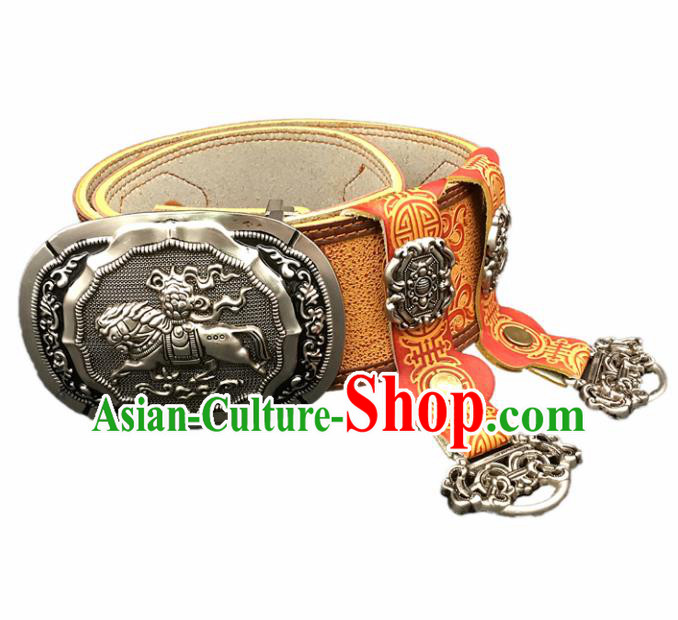 Traditional Chinese Mongol Nationality Orange Leather Belt Mongolian Ethnic Waistband for Men