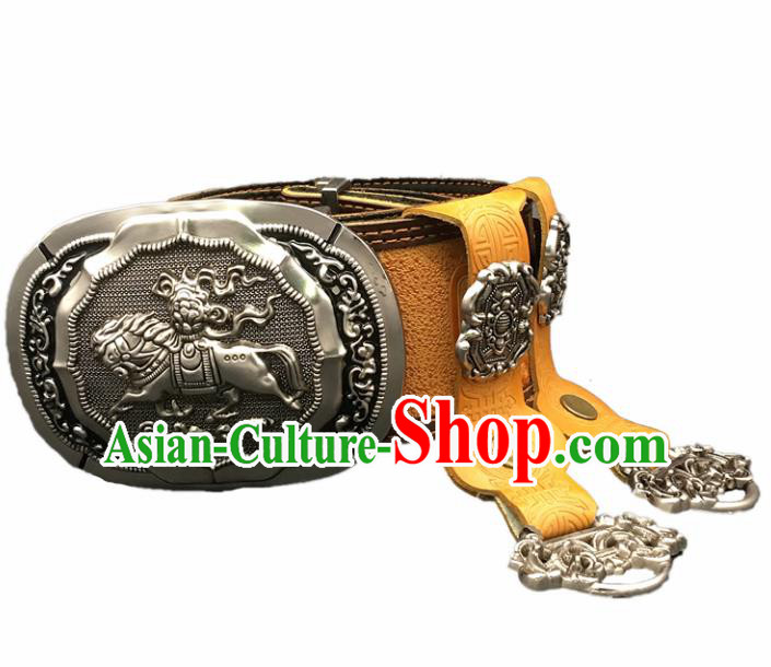 Traditional Chinese Mongol Nationality Yellow Leather Belt Mongolian Ethnic Cupronickel Waistband for Men