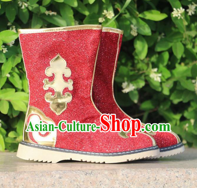 Chinese Traditional Mongol Nationality Red Boots Mongolian Ethnic Leather Riding Boots for Kids