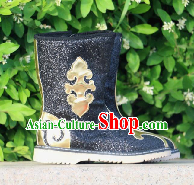 Chinese Traditional Mongol Nationality Black Boots Mongolian Ethnic Leather Riding Boots for Kids