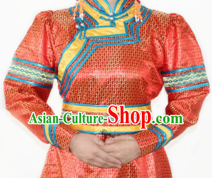 Traditional Chinese Mongol Nationality Dance Red Dress Mongolian Ethnic Stage Show Costume for Women