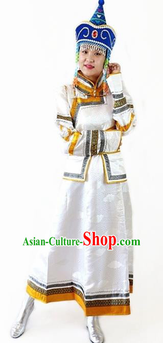 Traditional Chinese Mongol Nationality Dance White Dress Mongolian Ethnic Wedding Stage Show Costume for Women