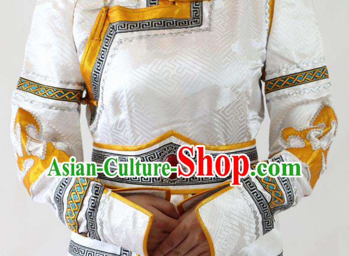Traditional Chinese Mongol Nationality Dance White Dress Mongolian Ethnic Wedding Stage Show Costume for Women