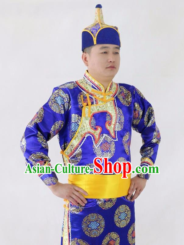 Chinese Traditional Mongol Nationality Royalblue Costumes Mongolian Ethnic Dance Robe for Men