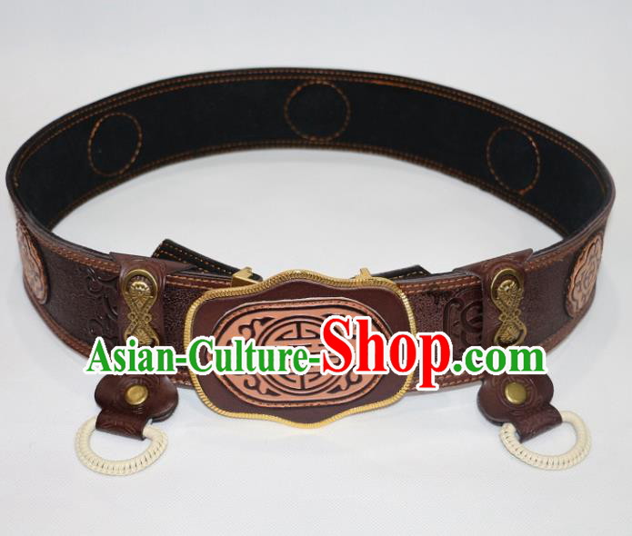 Traditional Chinese Mongol Nationality Male Brown Leather Belts Mongolian Ethnic Waistband for Men