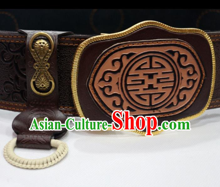 Traditional Chinese Mongol Nationality Male Brown Leather Belts Mongolian Ethnic Waistband for Men