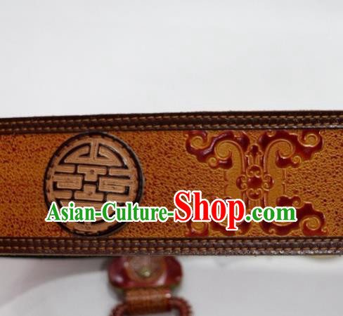 Traditional Chinese Mongol Nationality Male Yellow Leather Belts Mongolian Ethnic Waistband for Men