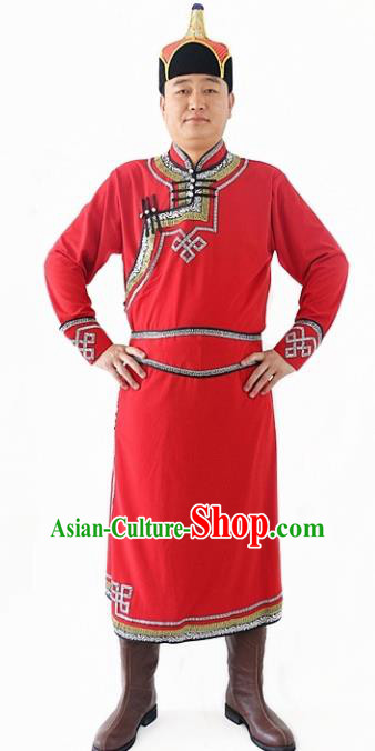 Chinese Traditional Mongol Nationality Costumes Ethnic Dance Stage Show Red Mongolian Robe for Men