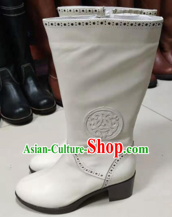 Chinese Traditional Mongol Nationality White Leather Boots Mongolian Ethnic Riding Boots for Women