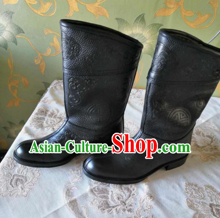 Chinese Traditional Mongol Nationality Black Boots Mongolian Ethnic Stage Show Leather Riding Boots for Men
