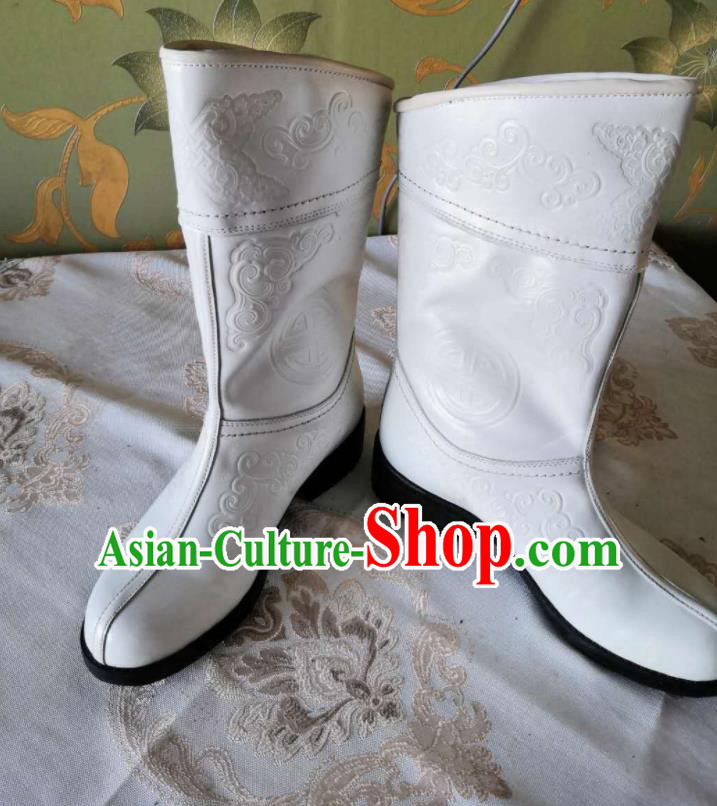 Chinese Traditional Mongol Nationality White Boots Mongolian Ethnic Stage Show Leather Riding Boots for Men