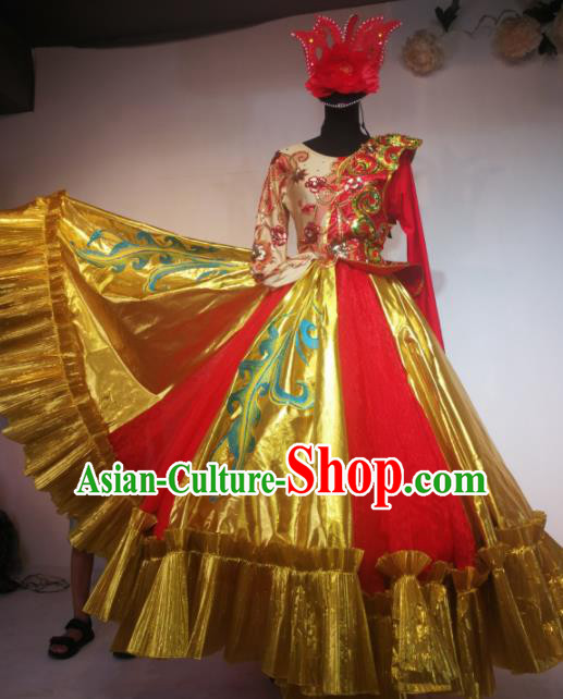 Traditional Chinese Spring Festival Gala Dance Golden Dress Opening Dance Stage Show Costume for Women