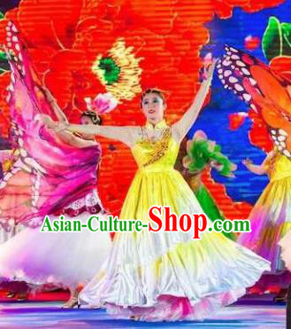 Traditional Chinese Spring Festival Gala Dance Yellow Dress Opening Dance Stage Show Costume for Women