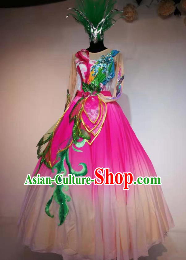 Traditional Chinese Spring Festival Gala Dance Rosy Veil Dress Opening Dance Stage Show Costume for Women