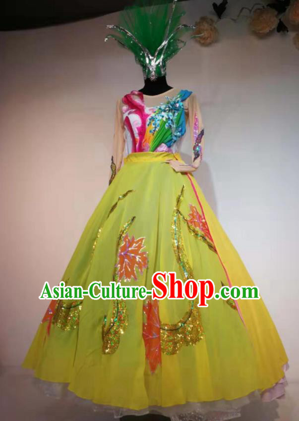 Traditional Chinese Spring Festival Gala Dance Yellow Veil Dress Opening Dance Stage Show Costume for Women