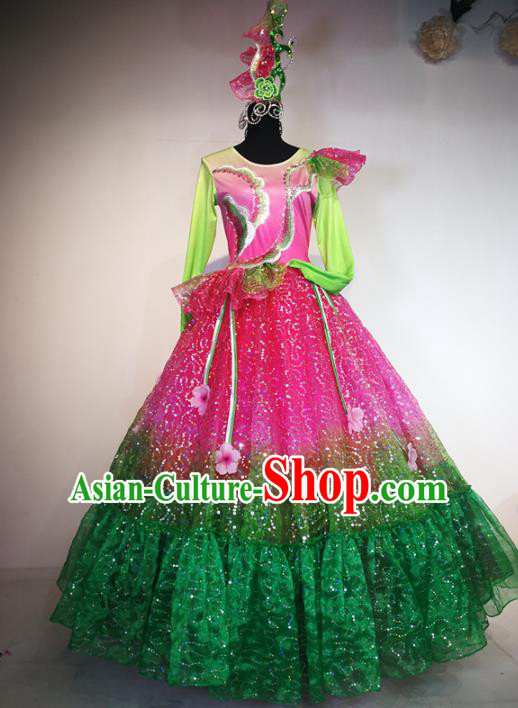 Traditional Chinese Spring Festival Gala Dance Rosy Veil Dress Opening Dance Stage Show Costume for Women