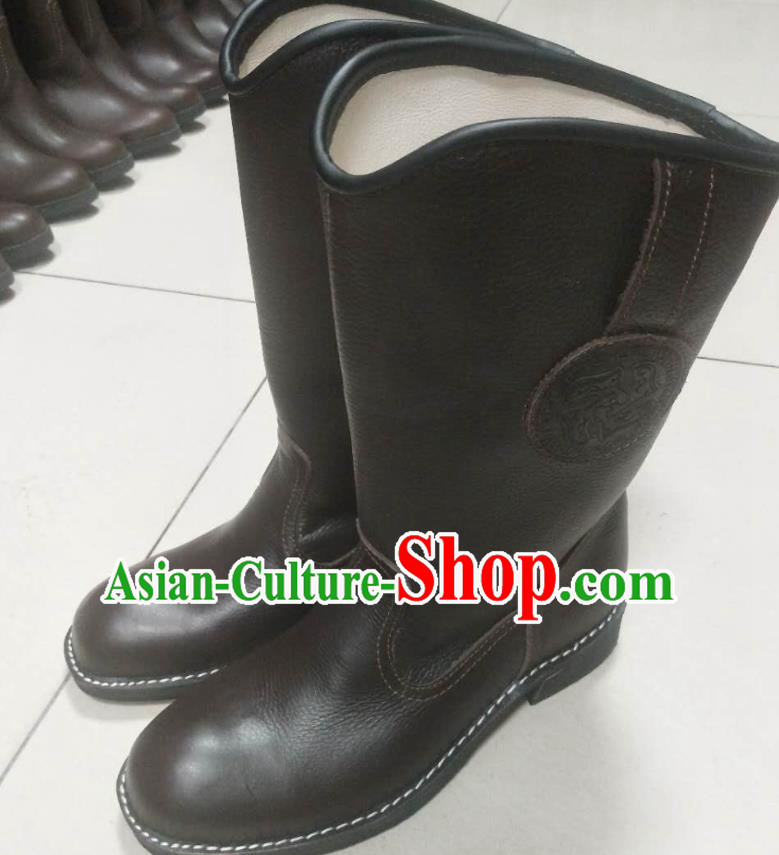 Chinese Traditional Mongol Nationality Deep Brown Boots Mongolian Ethnic Leather Riding Boots for Men