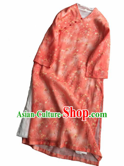 Chinese Traditional Tang Suit Printing Orange Ramie Cheongsam National Costume Qipao Dress for Women